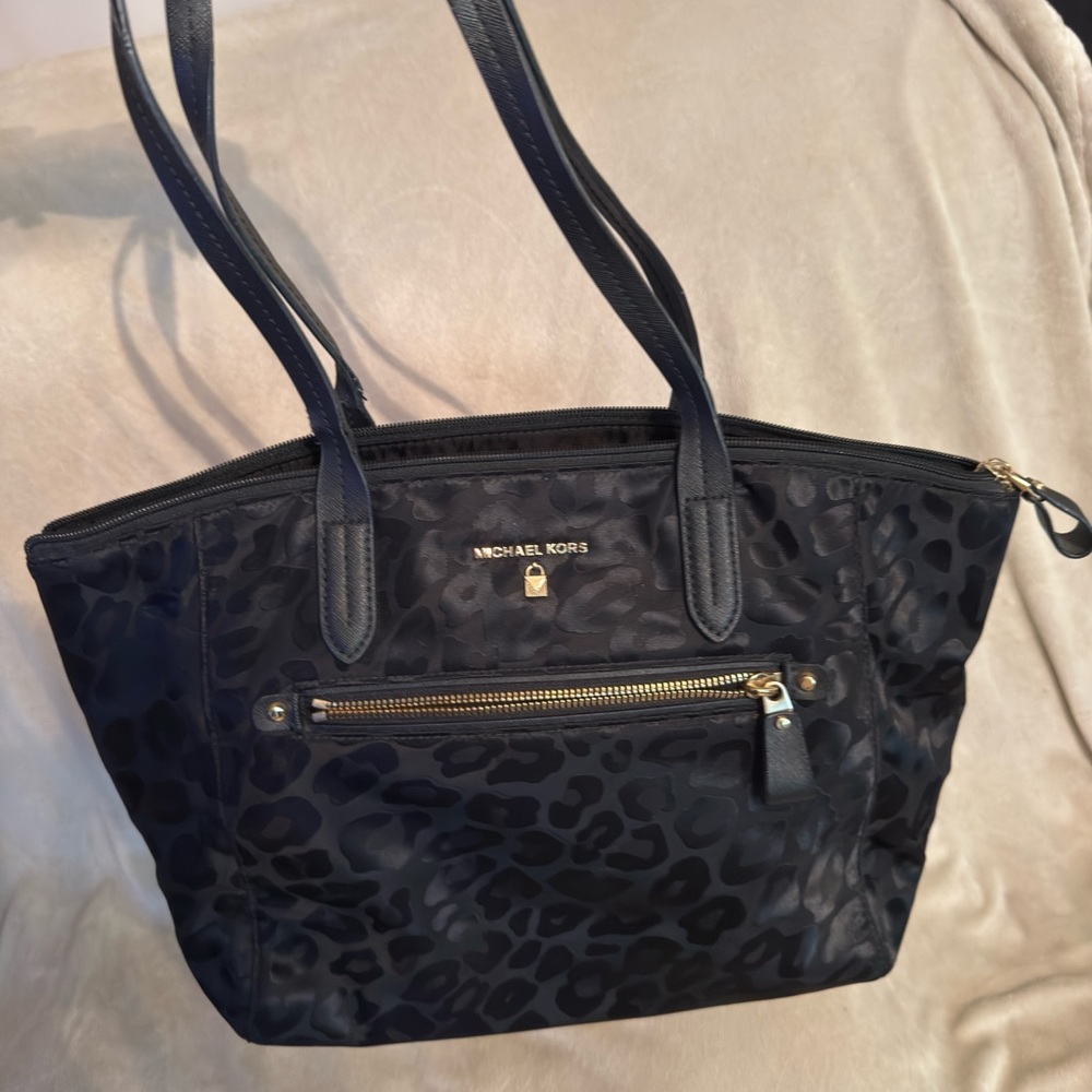 Michael Kors Black Leopard-Print Nylon Tote with Gold Hardware